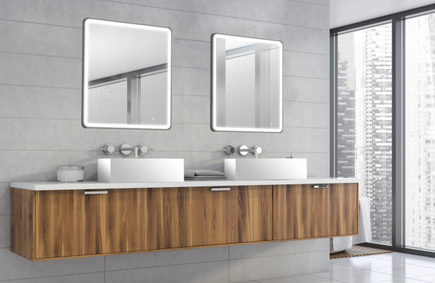 salle de bains avec deux miroirs carrés anti-buée