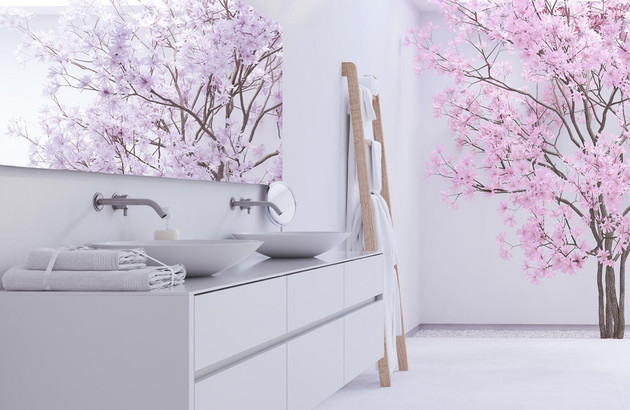 Salle de bains blanche avec meuble rénové