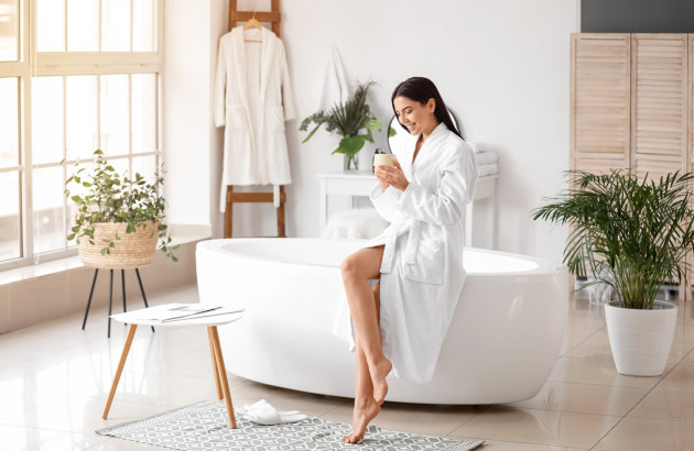 Femme en peignoir portant un mug et assise sur le rebord de sa baignoire