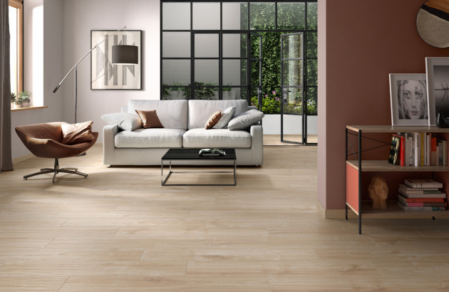 Carrelage imitation parquet dans des teintes taupe de la marque Villeroy & Boch modèle Oak