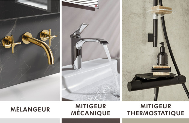 Le mitigeur mélangeur Atrio Classic de grohe en version doré style baroque, le mitigeur mécanique chrome Vivenis de hansgrohe et le mitigeur thermostatique douche noir Metro de Jacob Delafon