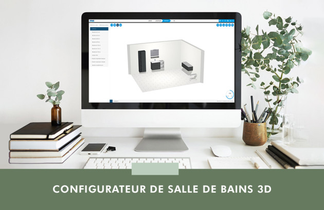 écran d'ordinateur montrant le configurateur de salle de bains 3D du site espace aubade