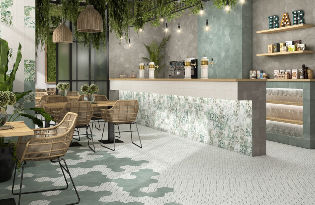 carreaux vert sauge installé dans un restaurant
