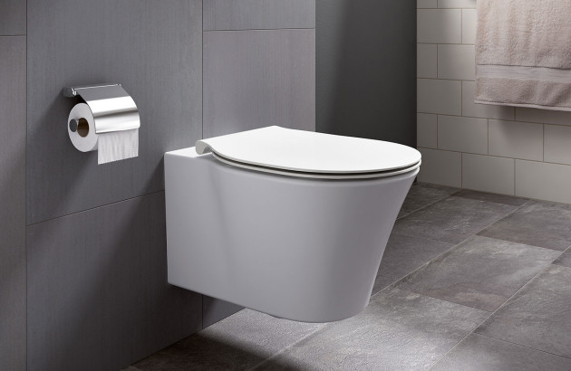 WC suspendu avec rouleau de papier toilette et serviette à main