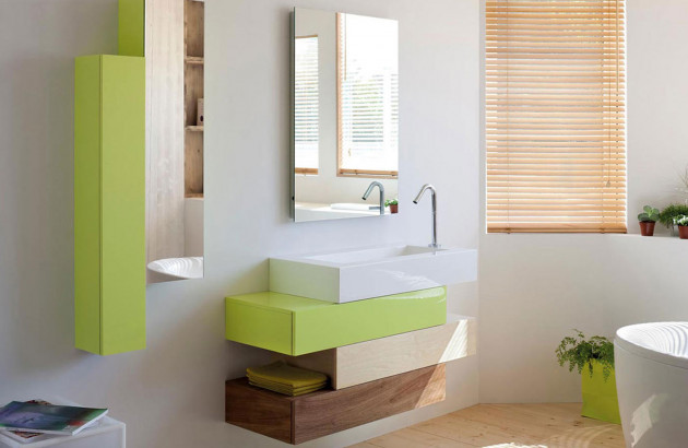 meuble salle de bain vert, blanc et bois
