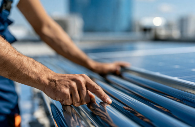 Homme qui tient des tubes de circulation de fluide caloporteur sur une installation solaire