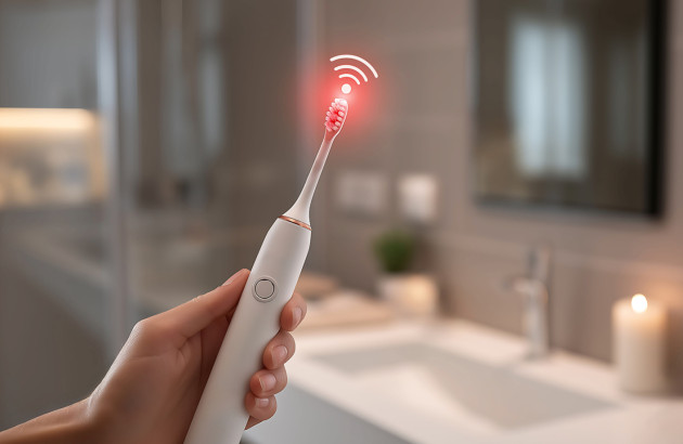 Femme qui tient sa brosse à dent électrique connectée