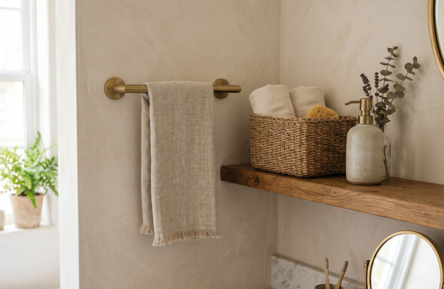 Porte-serviettes en finition laiton brossé installé dans une salle de bains élégante.