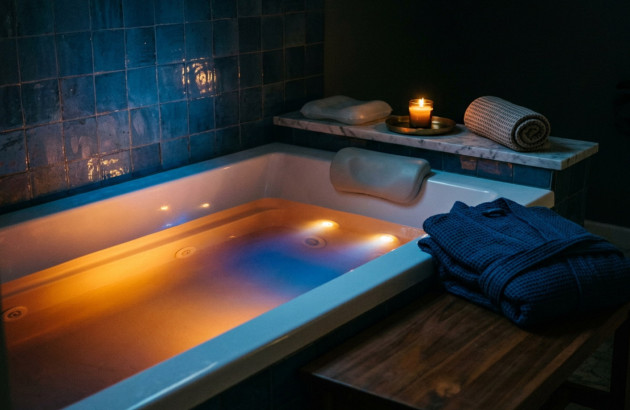 Baignoire balnéo avec jets et éclairage intégré créant une ambiance propice à la détente.