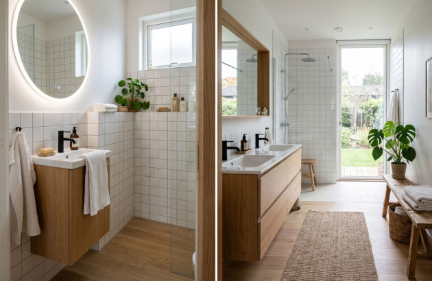 Salle de bains lumineuse de style nordique avec meubles en bois, carrelage blanc et plantes vertes.