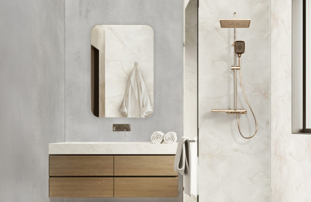 Salle de bains moderne avec des panneaux muraux imitation