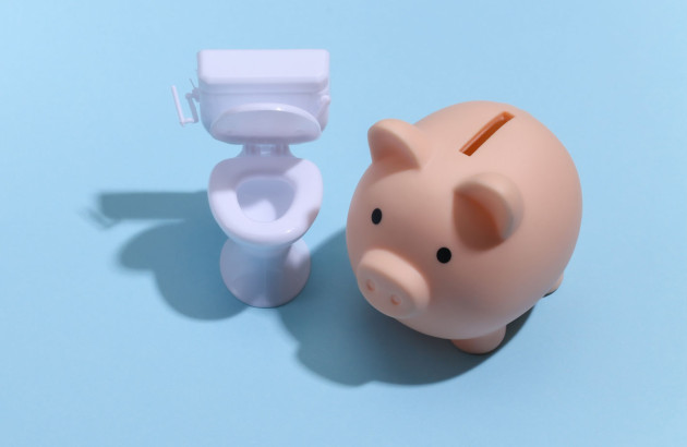 Cochon tirelire à côté d'un système de toilettes miniature