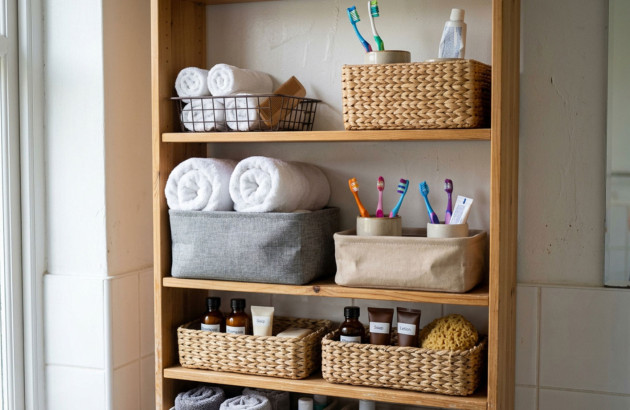 Petits paniers avec des produits de toilette dans une salle de bains