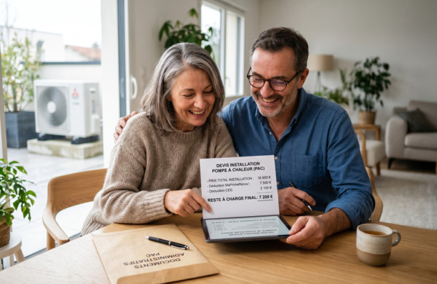 Couple consultant un devis pour l’installation d’une pompe à chaleur et les aides financières disponibles.