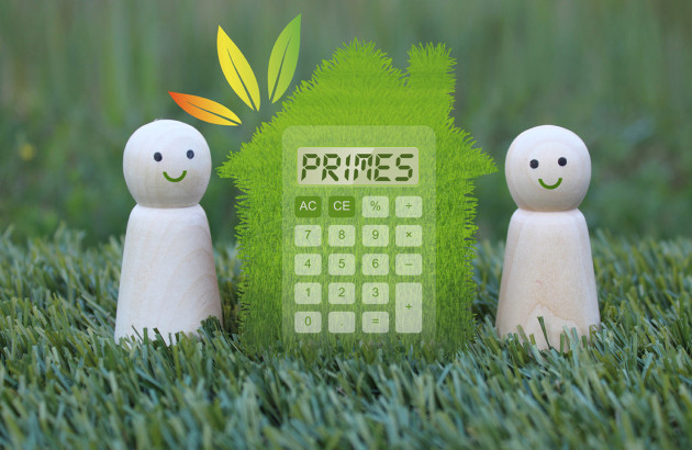 Deux pions en bois dans l'herbe autour d'une maison factice avec une calculatrice qui mentionne le nom 