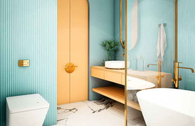 Salle de bains aux murs bleus claires et au style rétro