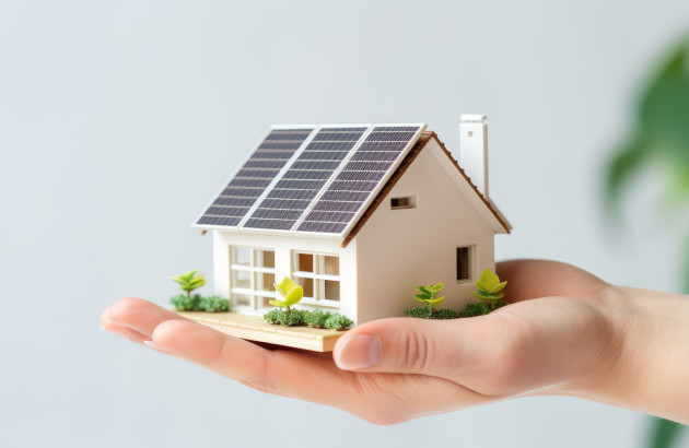 Femme qui tient dans sa main une maison verte miniature