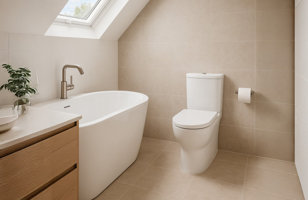 WC sous pente installé sous une fenêtre de toit dans une salle de bains