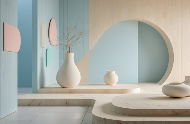 Piece de vie à l'ambiance futuriste et aux couleurs pastels beige et bleu