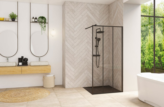 Douche noire avec paroi de douche noire dans une grande salle de bains