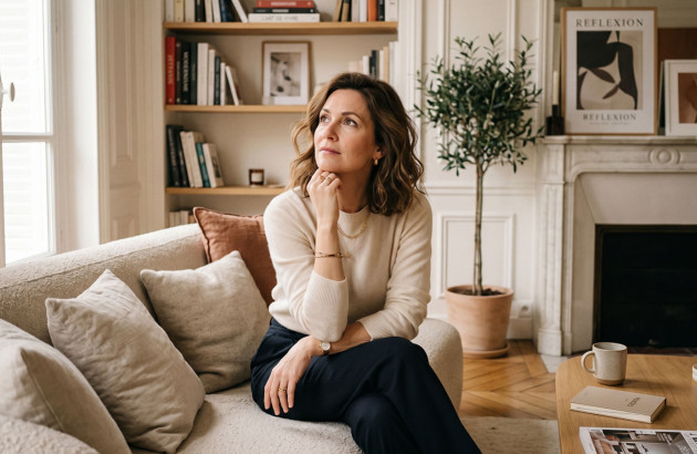 Femme réfléchissant à son projet de rénovation dans son salon.