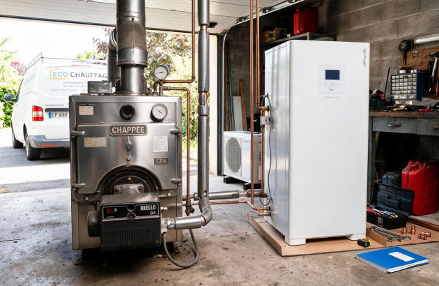 Remplacement d’une ancienne chaudière par un système de chauffage plus récent dans un local technique.