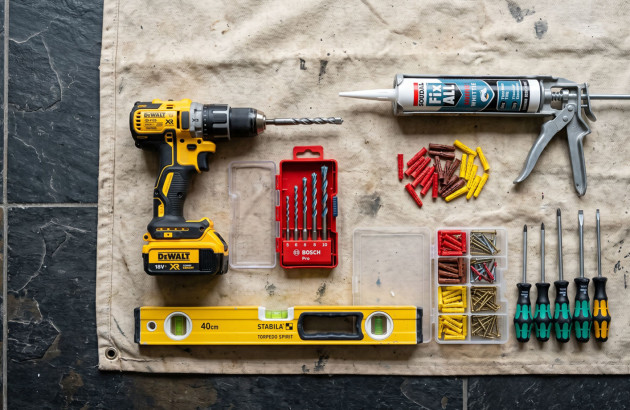 Outils et accessoires nécessaires pour installer et fixer un meuble de salle de bains.
