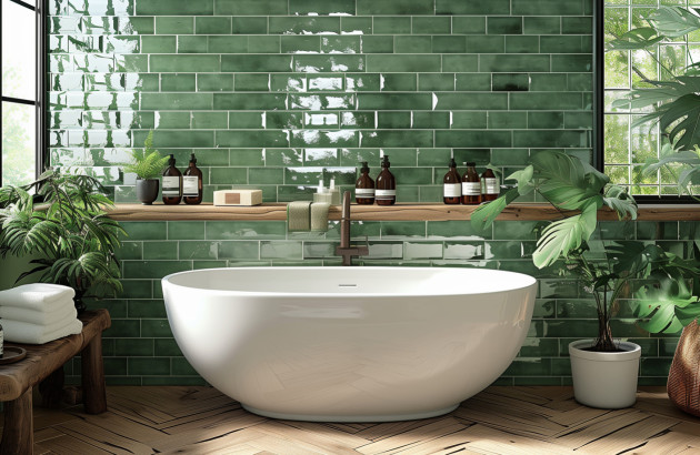 Baignoire dans une salle de bains avec du carrelage zellige vert sur le mur