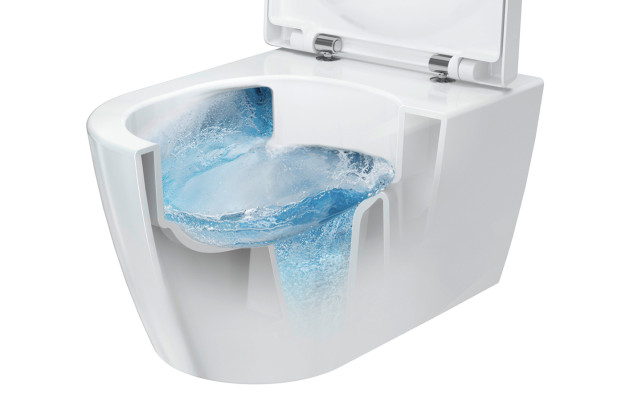 Coupe d’un WC sans bride montrant le flux de chasse et le rinçage de la cuvette.