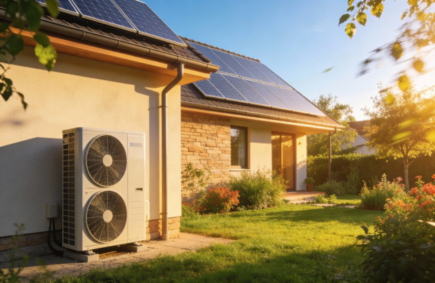 Maison équipée de panneaux solaires et d'une pompe à chaleur