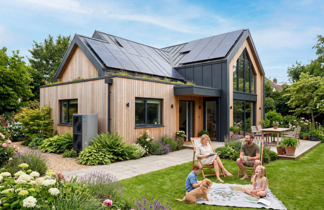 Maison basse consommation équipée de panneaux solaires et d'une pompe à chaleur