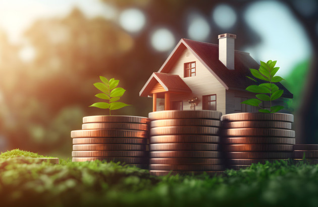 Maison passive miniature avec une pile de pièces de monnaie