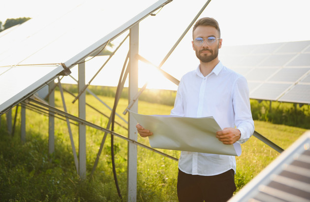 Homme qui tient un plan en dessous d'un panneau solaire bifacial
