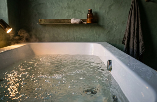 Baignoire balnéo remplie d’eau avec jets de massage en fonctionnement dans une ambiance relaxante.