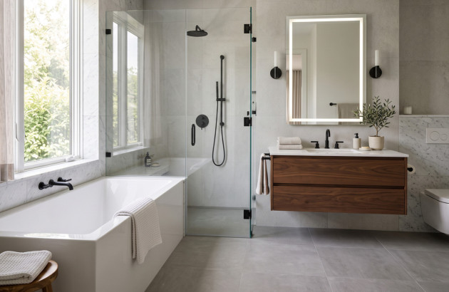 Baignoire rectangulaire dans une salle de bains moderne