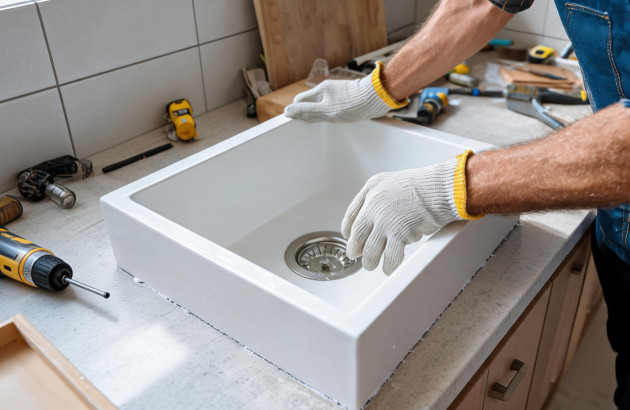 Homme qui installe une vasque à poser sur un meuble de salle de bains