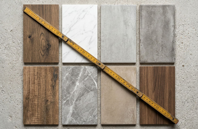 Échantillons de carrelages imitation bois, marbre et béton utilisés pour un projet de salle de bains.