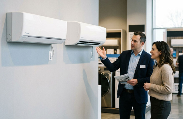 Conseiller présentant différents modèles de climatiseurs muraux réversibles dans un showroom spécialisé.