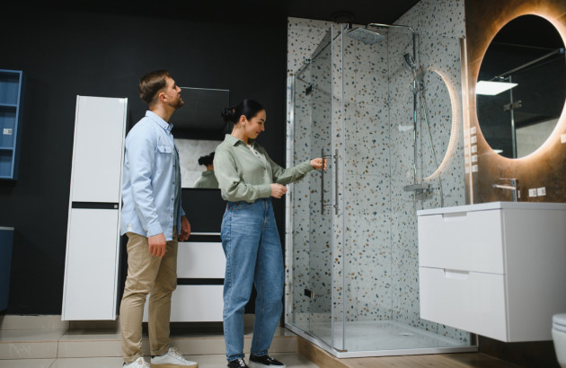 Choix d’une cabine de douche en showroom pour un projet de rénovation de salle de bains.