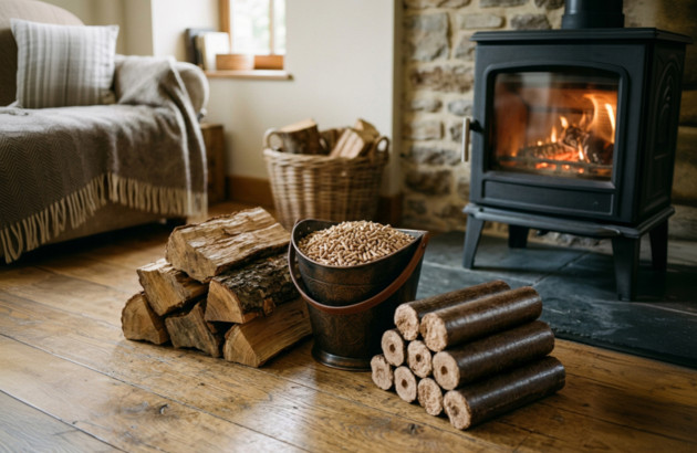 Différents combustibles de chauffage au bois présentés devant un poêle moderne dans une ambiance cocooning.