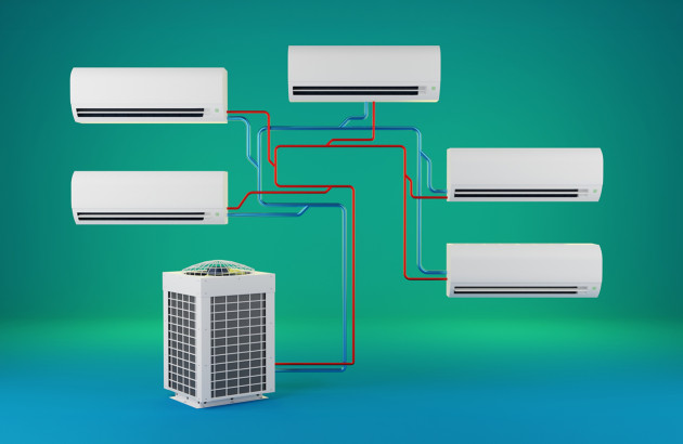 Schéma d’une climatisation réversible multisplit avec unité extérieure et plusieurs unités intérieures connectées