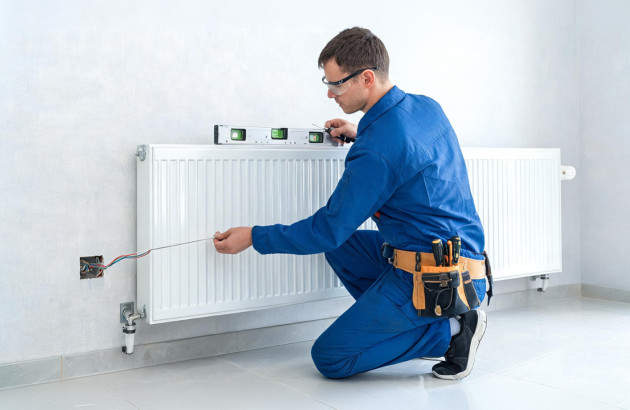 Chauffagiste professionnel muni d'outils et de lunette de protection tire un fil pour le branchement d'un radiateur à inertie tout en vérifiant la planéité de son installation