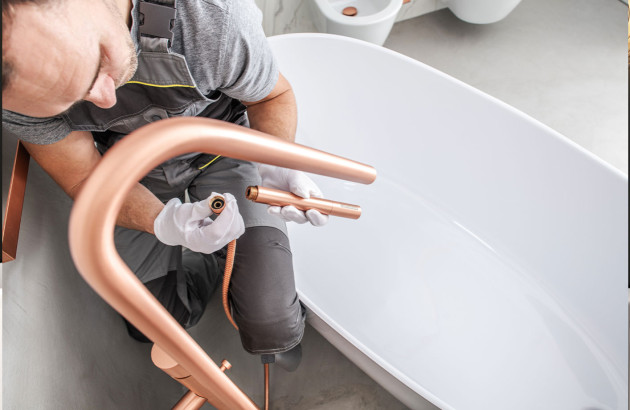 Artisan qui installe un mitigeur de baignoire