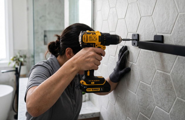 Installation d’un porte-serviettes mural noir dans une salle de bains avec carrelage hexagonal.