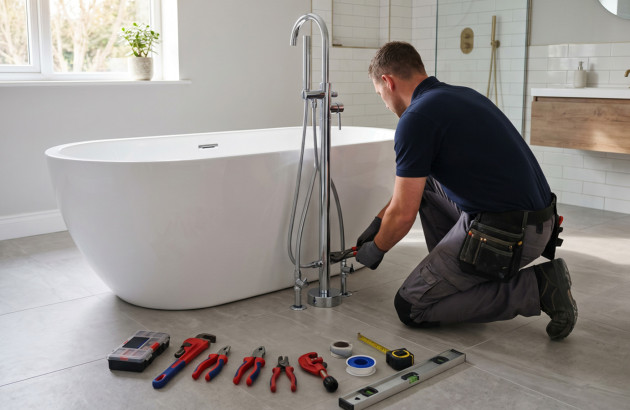 Installation d’une baignoire îlot par un professionnel avec raccordement de la robinetterie au sol.