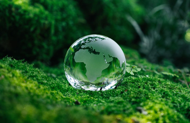 mini Terre en verre posée dans la nature