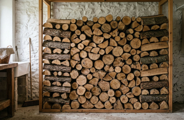 Pile de bois de chauffage organisée dans une maison