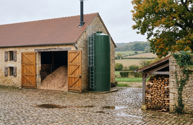 Maison de campagne avec silo contenant du bois déchiqueté pour une chaudière de grande taille