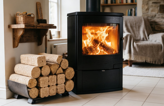 Poêle à bois en fonctionnement avec flammes visibles et bûches densifiées stockées à proximité.