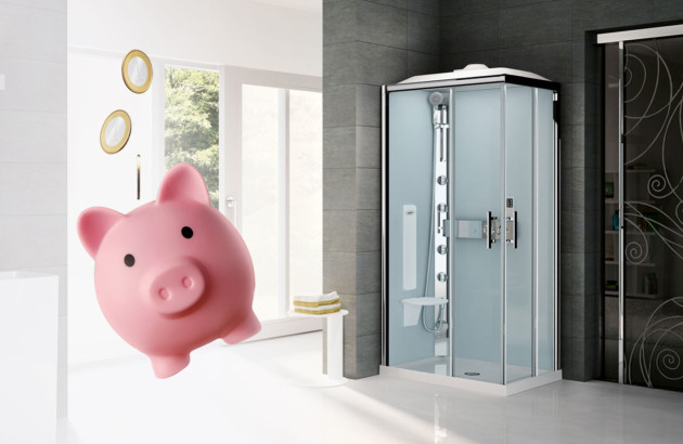 Cochon tirelire à côté d'une cabine de douche hydromassante, questionnement budget, combien ça coute